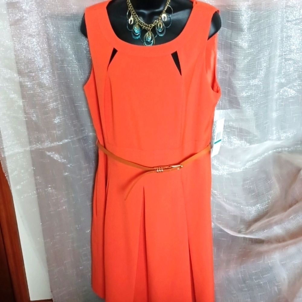 Sharagano Box Pleat Belted Burt Orange Pockets Round Neckline Dress